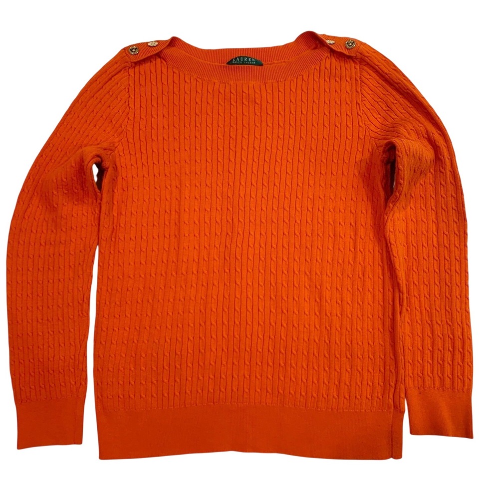 Lauren Ralph Lauren Cable Knit Crewneck Orange XL Gold Buttons 100%Cotton